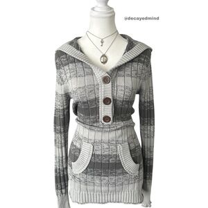 Y2K “Roxy” Grey Stripe Knit Button-up Henley Style Long Sleeve Hoodie